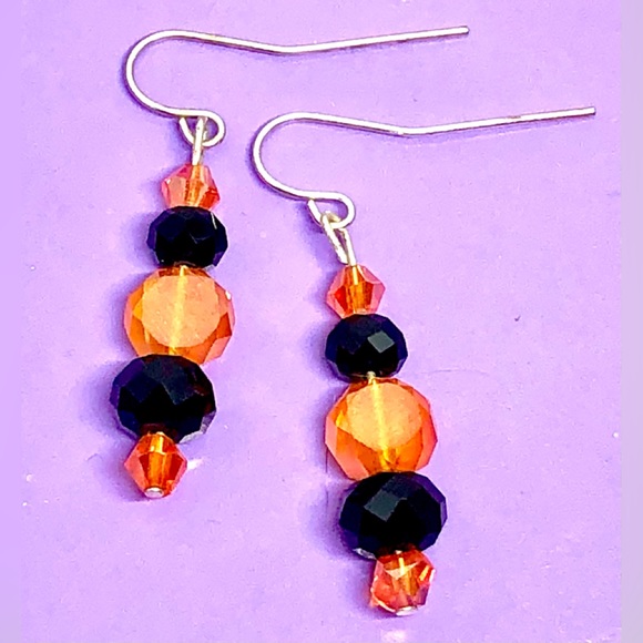 Halloween AB Orange and Opaque Black Crystal Multi Shape Beaded Dangle Earrings - Picture 2 of 4
